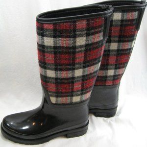 Bass Downpour Red Plaid Flannel Rubber Rain Boots 6 Pull On